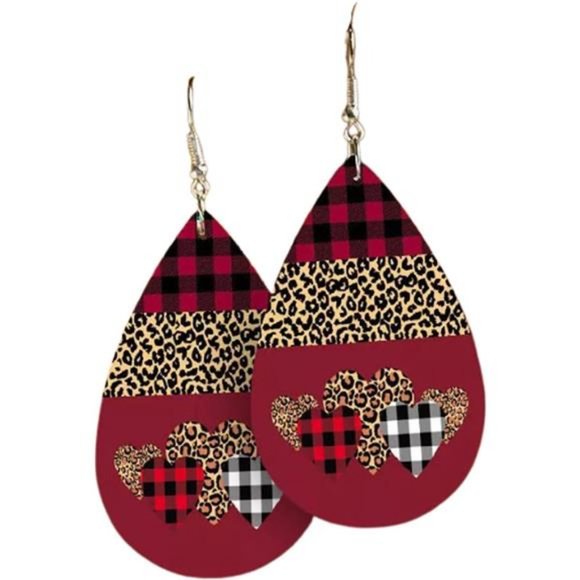 Heart Earrings Buffalo Plaid Leopard Dangle Drop Dangling Red Valentines Jewelry - Picture 1 of 3